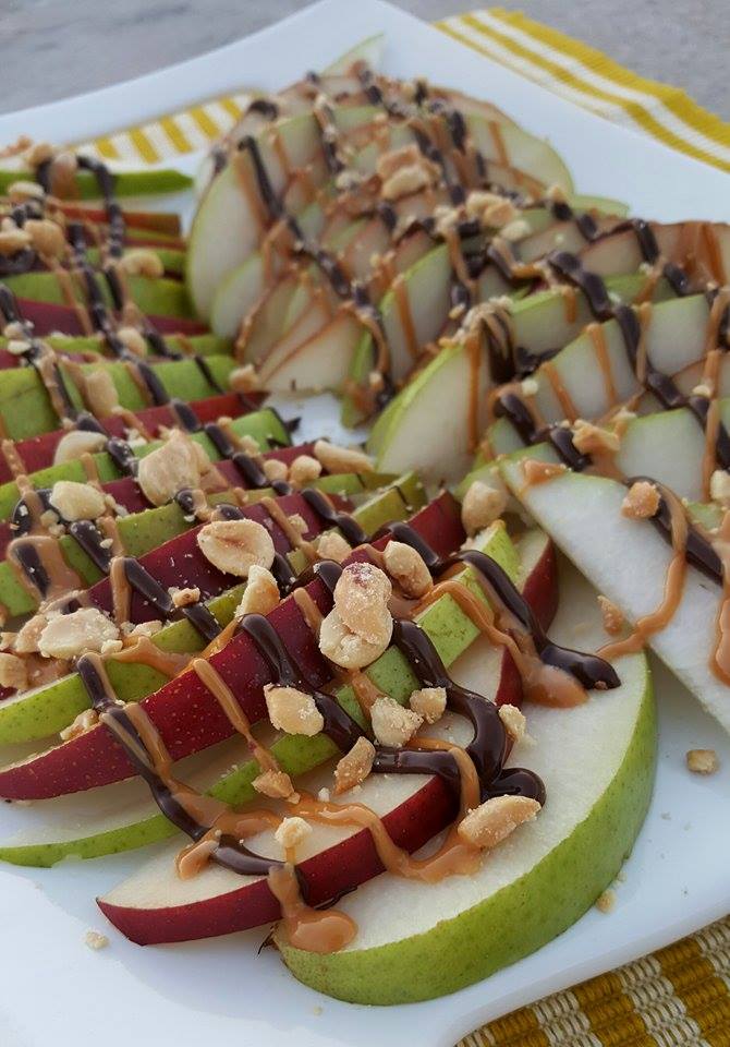 fresh fruit nachos with peanut butter and chocolate