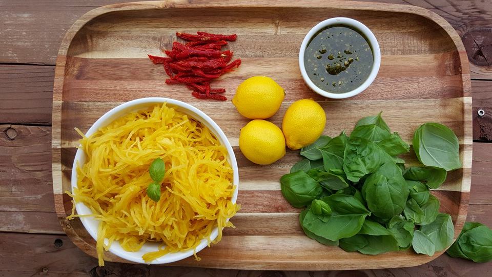 Fresh Pesto Spaghetti Squash Skillet Prep