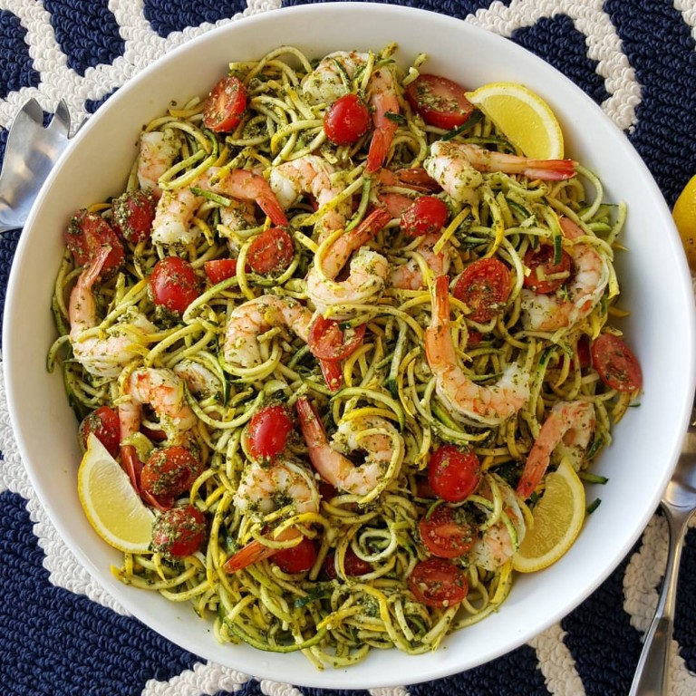 Fresh Pesto Shrimp, & Zoodles Clean Food Crush