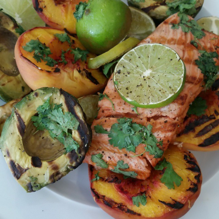 Grilled Salmon Avocados and Peaches