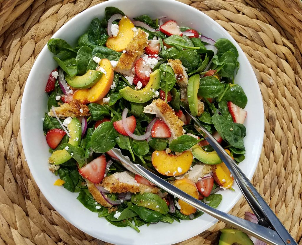 Clean Eating Crispy Quinoa Chicken and Strawberry Spinach Salad https://cleanfoodcrush.com/crispy-chicken-salad/