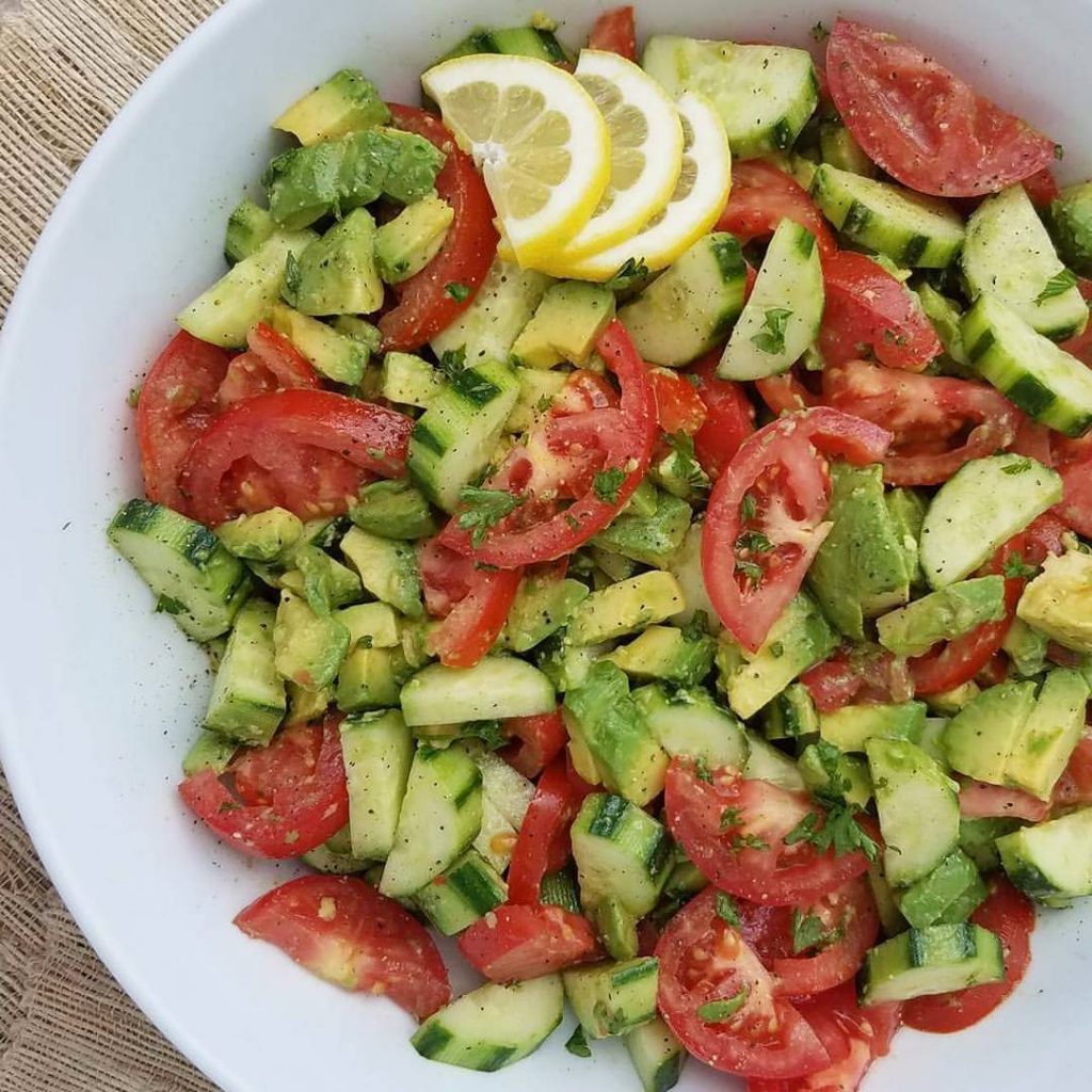 Summer Tomato Avocado Salad with Homemade Greek Dressing https://cleanfoodcrush.com/summer-tomato-avocado-salad/