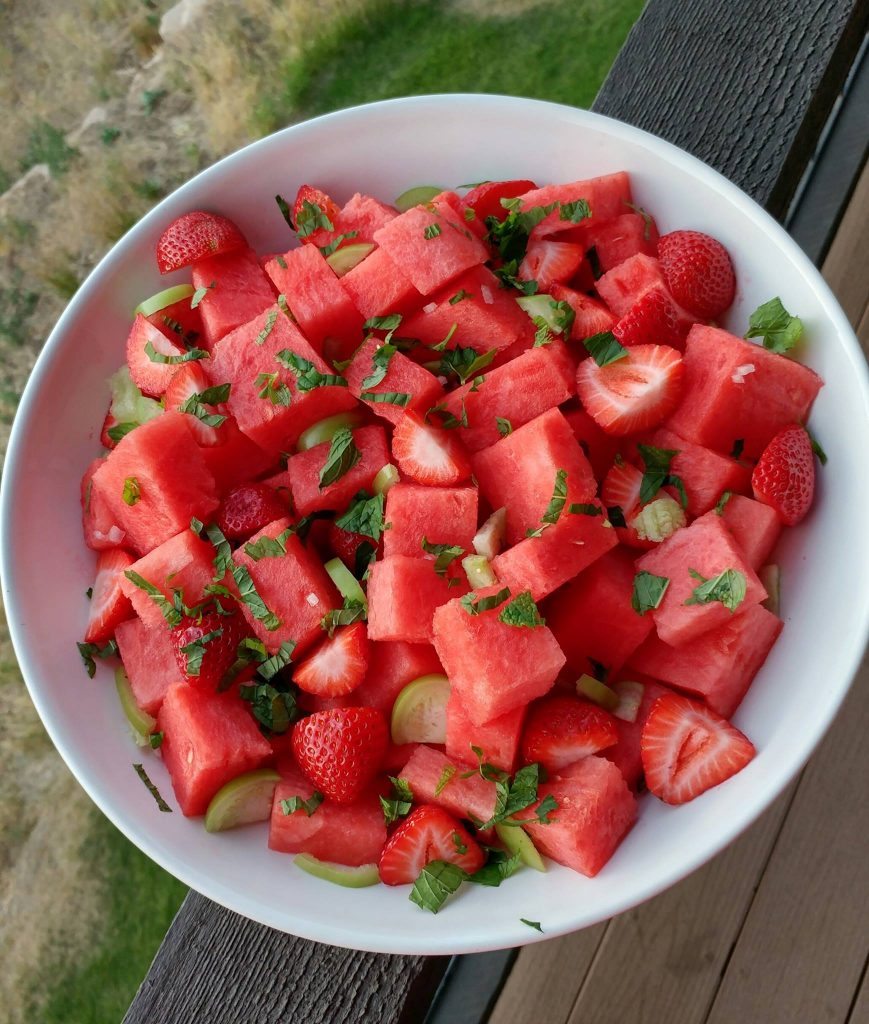 Watermelon Strawberry, Tomatillo Salad https://cleanfoodcrush.com/watermelon-strawberry-salad/