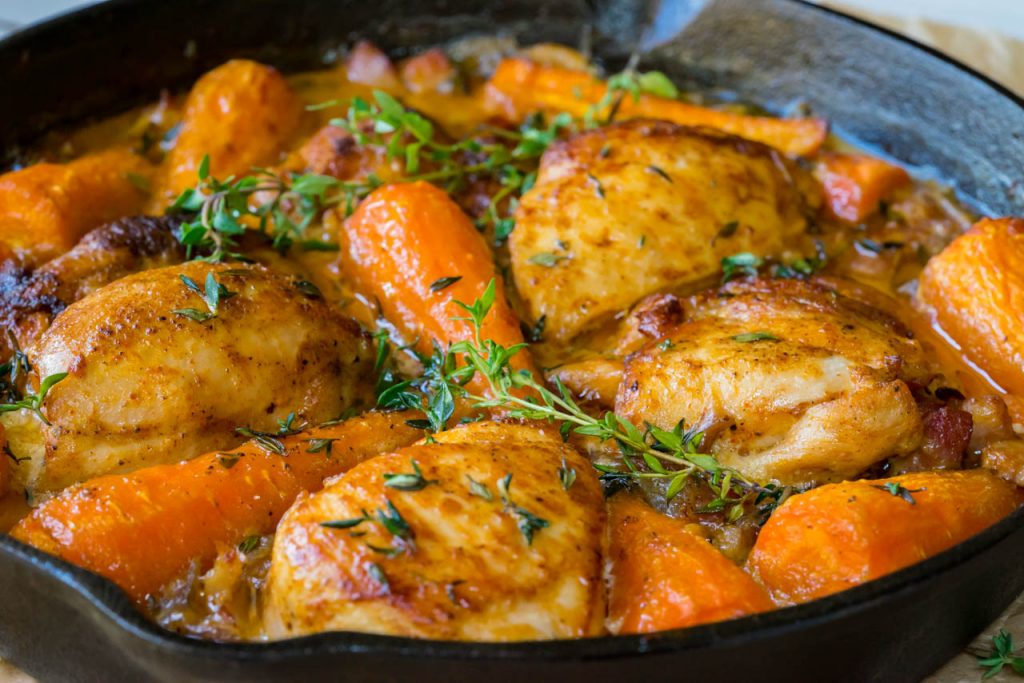 One Pan Roast Chicken With Farm Fresh Carrots And Bacon Clean Food Crush