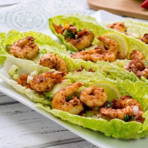 Spicy Shrimp with Apple Salsa on Crisp Lettuce Wraps