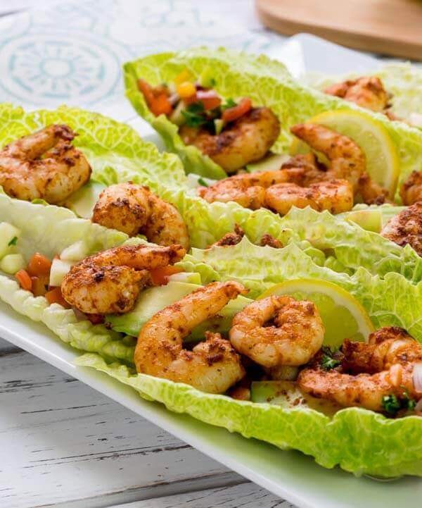 Spicy Shrimp with Apple Salsa on Crisp Lettuce Wraps