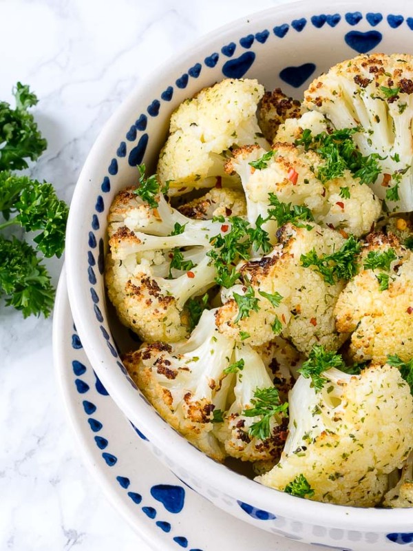 Clean Eating Roasted Cauliflower + Garlic Vinaigrette