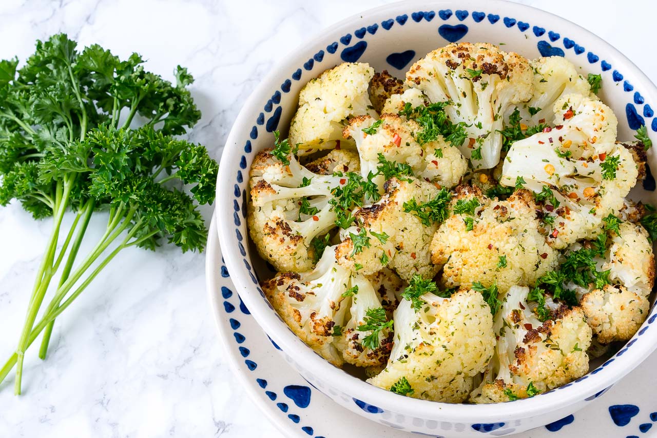 Clean Eating Roasted Cauliflower + Garlic Vinaigrette