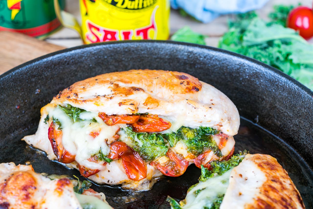 Clean Eating Sun-dried Tomato, Kale Mozzarella Stuffed Chicken