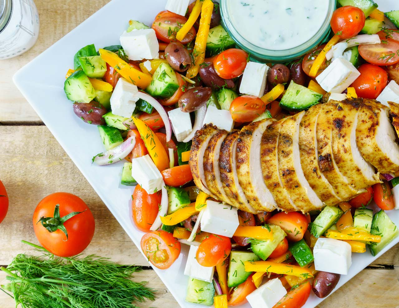 Clean Eating Greek Lemon Garlic Chicken Salad + Homemade Tzatziki