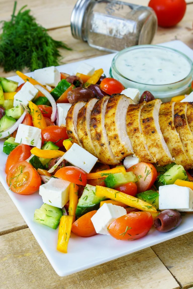 Clean Eating Greek Lemon Garlic Chicken Salad + Homemade Tzatziki
