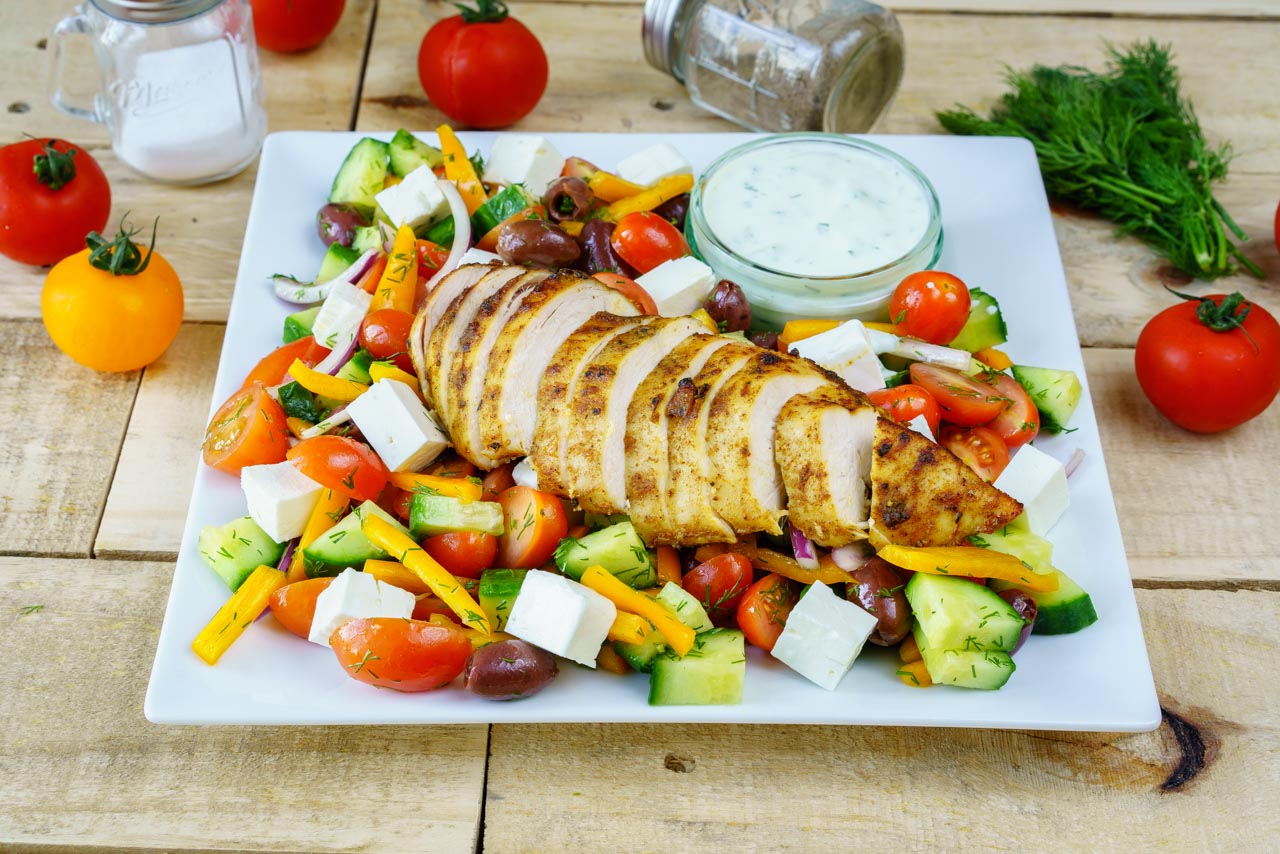 Clean Eating Greek Lemon Garlic Chicken Salad + Homemade Tzatziki