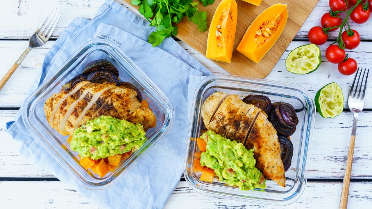 Roasted chicken veggies and guacamole bowls