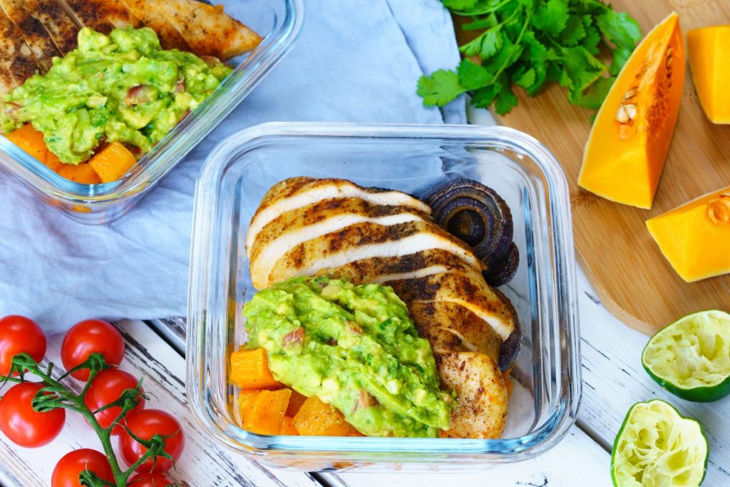 Roasted chicken veggies and guac bowls Meal Prep