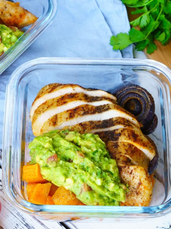 Roasted chicken veggies and guac bowls Meal Prep
