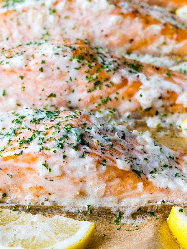 Clean Eating Oven Baked Salmon with Lemon Cream Sauce