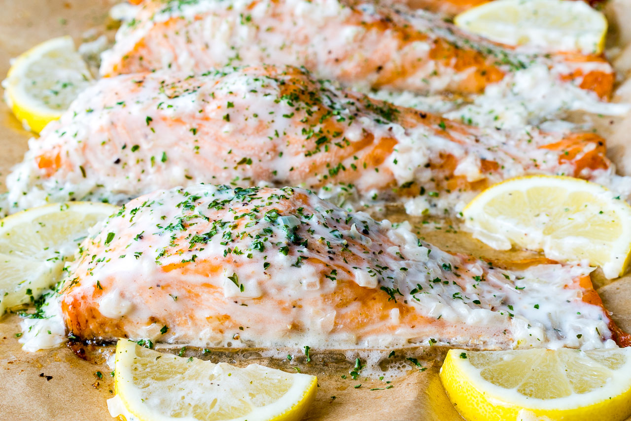 Clean Eating Oven Baked Salmon with Lemon Cream Sauce