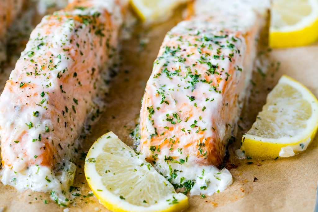 Sliced Salmon meat with lemony cream sauce