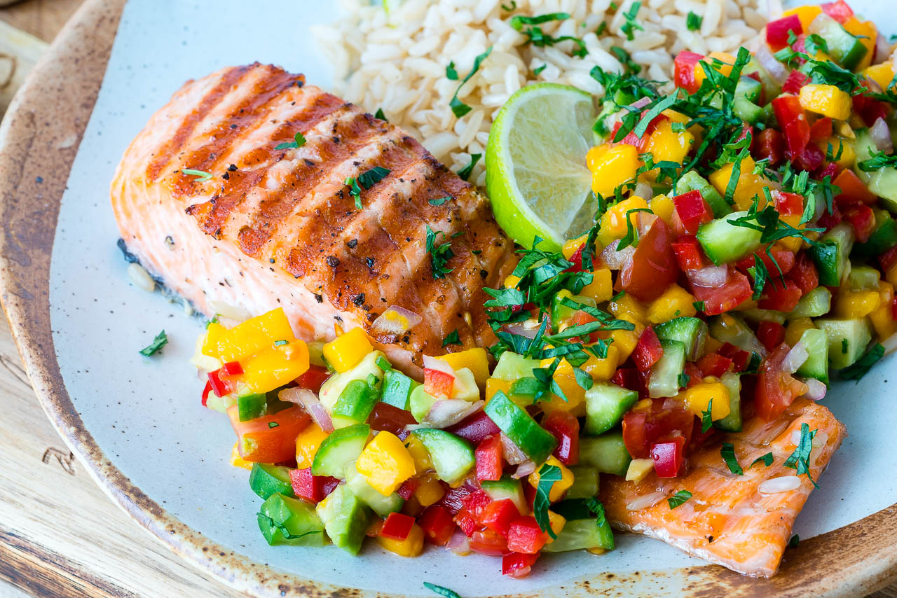 Grilled Lime Salmon + Avo-Mango Salsa CleanFoodCrush