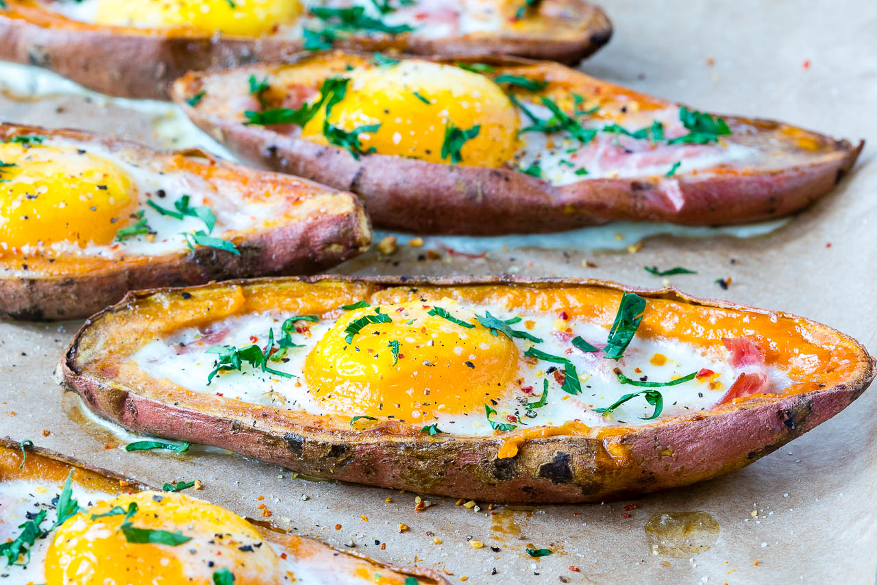 Healthy Ham n' Egg Loaded Sweet Potatoes