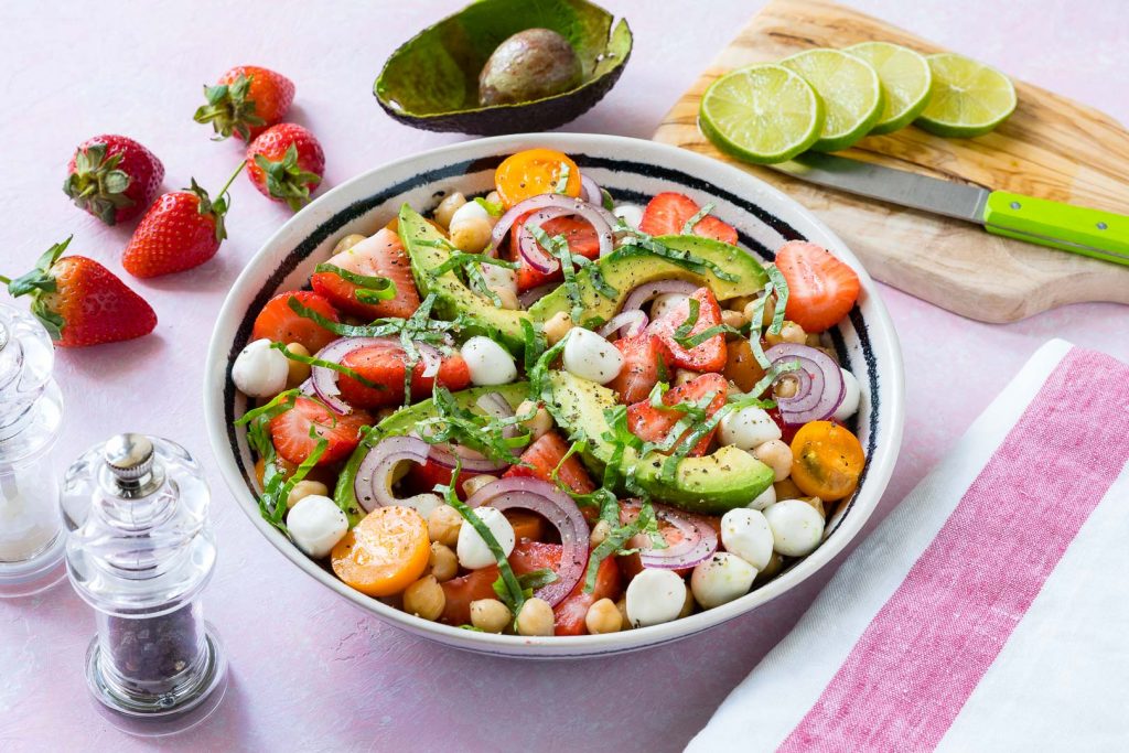 Strawberry Avocado Chickpea Caprese Salad