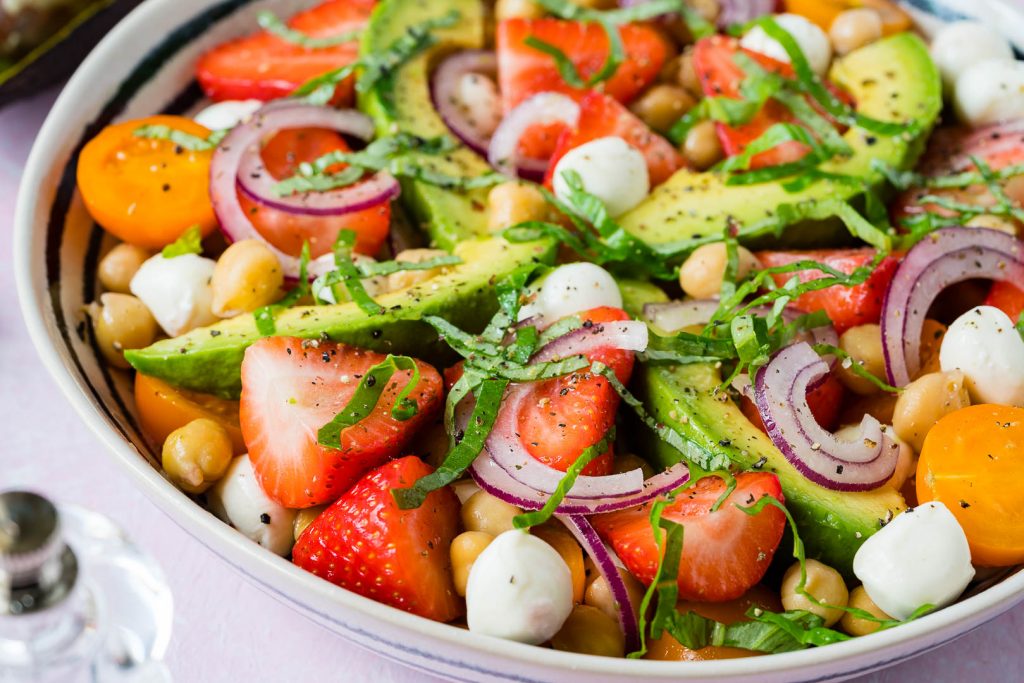 Clean Food Strawberry Avocado Chickpea Caprese Salad