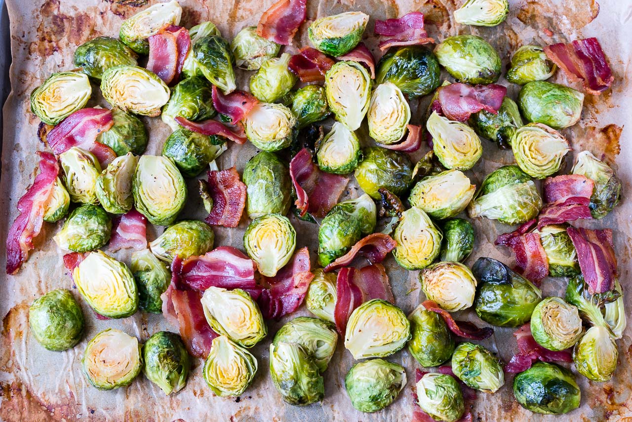Oven Roasted Brussels Sprouts + Bacon Easy Side Dish