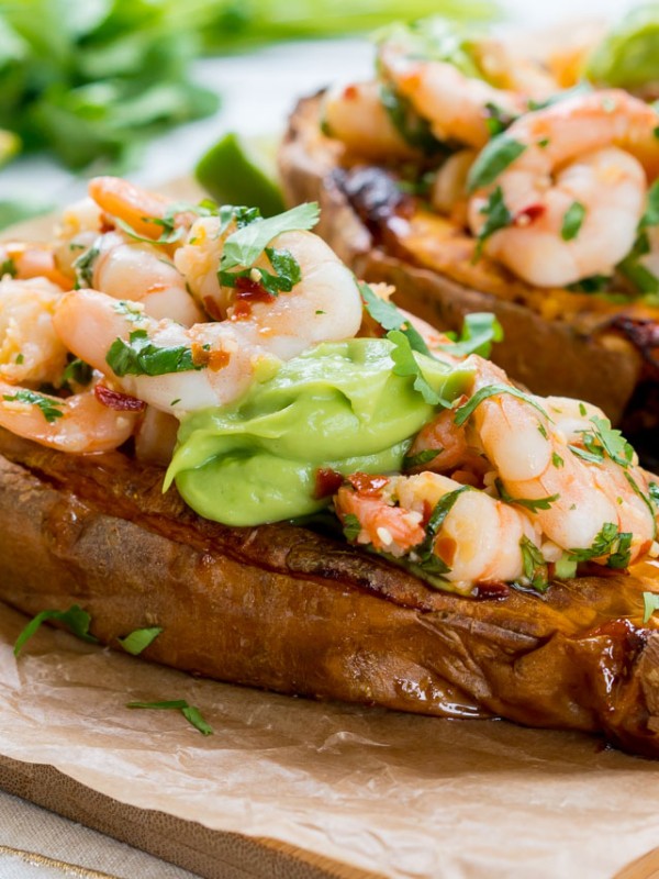 Spicy Shrimp Stuffed Sweet Potatoes + Avocado Cream CleanFoodCrush