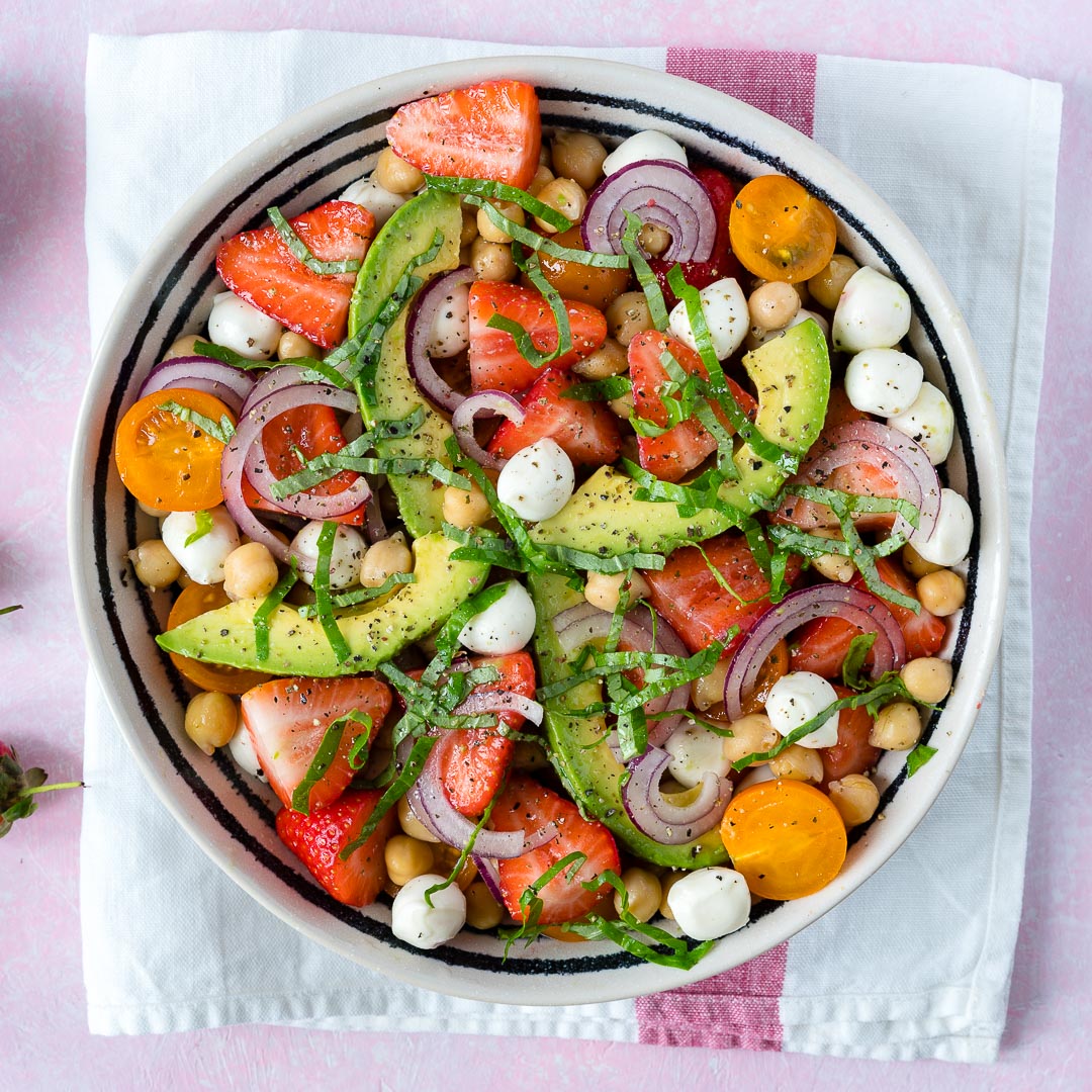 Strawberry + Avocado + Chickpea Caprese Salad CleanFoodCrush