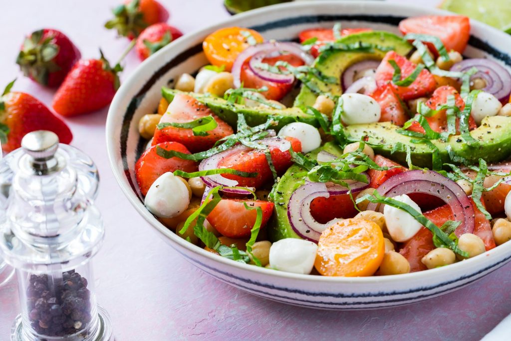 Healthy Strawberry Avocado Chickpea Caprese Salad
