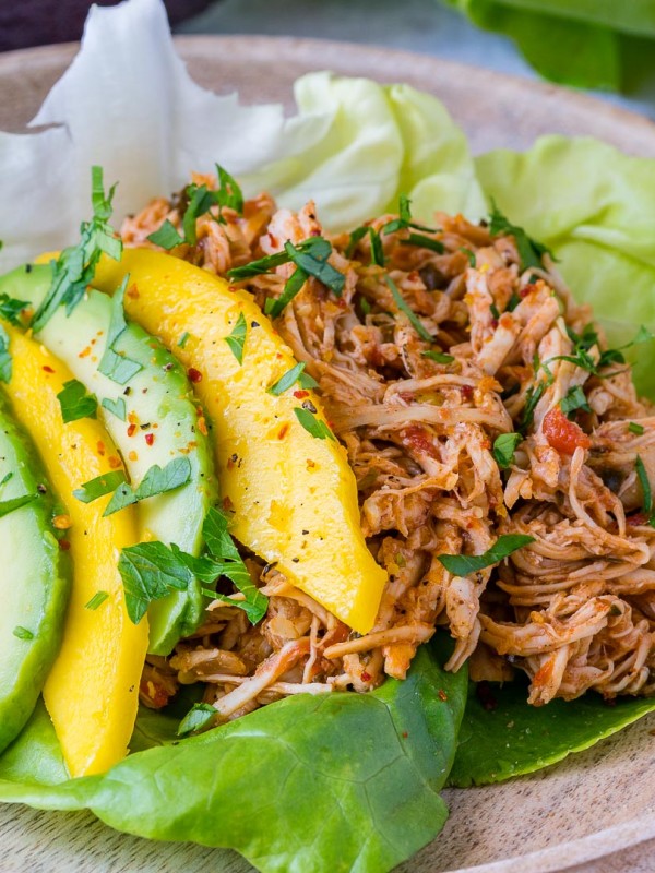 Crock-Pot Jamaican Pulled Chicken Lettuce Wraps CleanFoodCrush