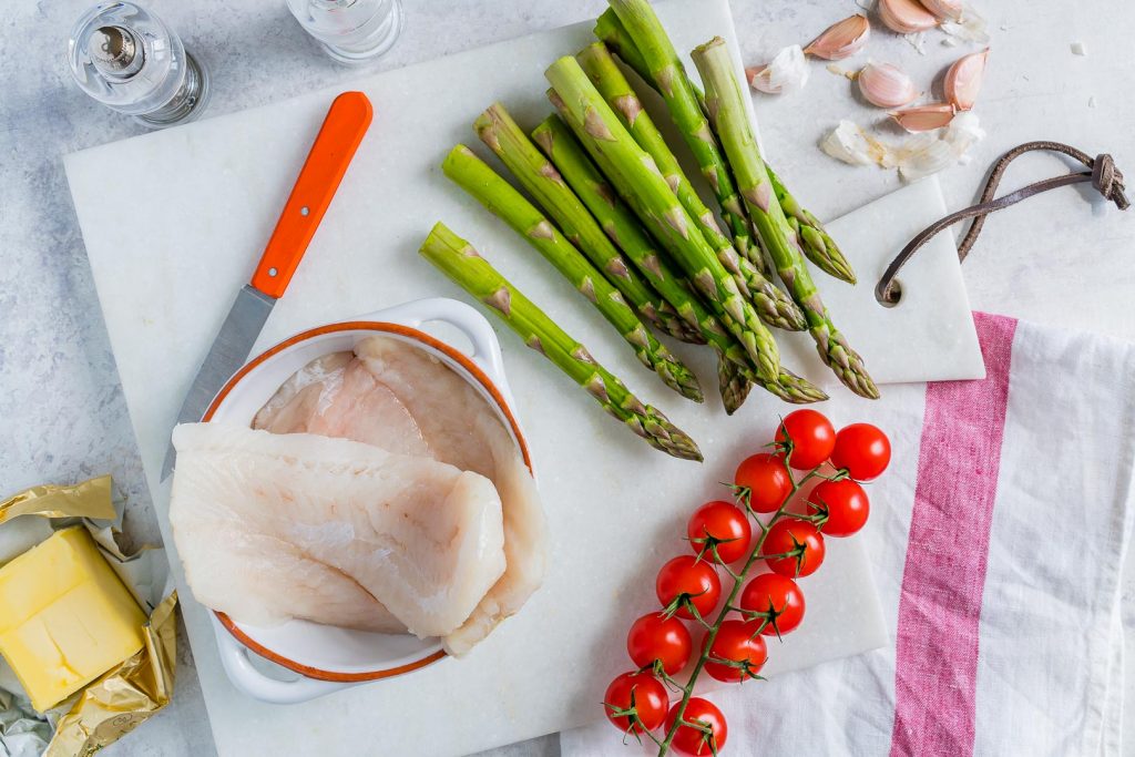 Halibut baked in parchment paper