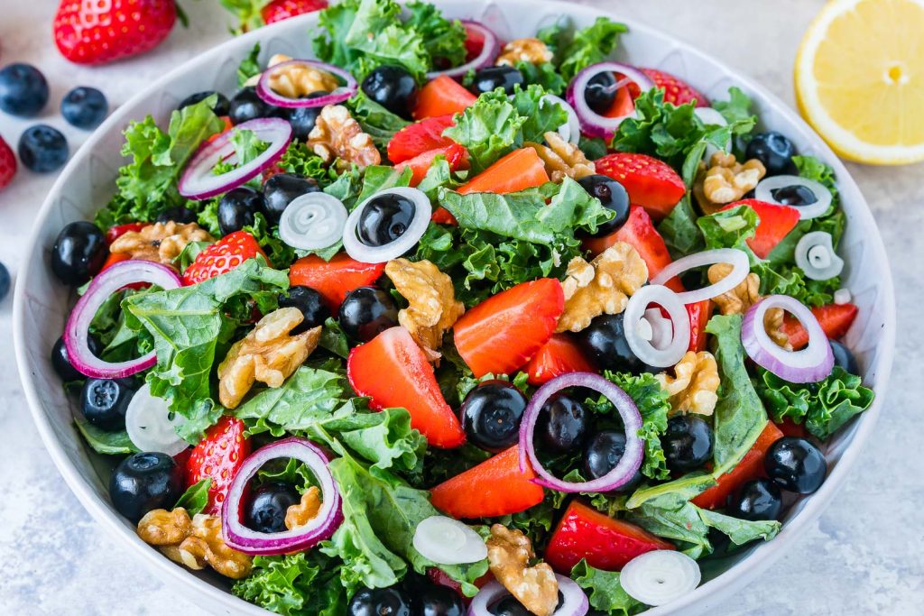 Massaged Kale + Fresh Berry Salad with Citrusy Vinaigrette CleanFoodCrush