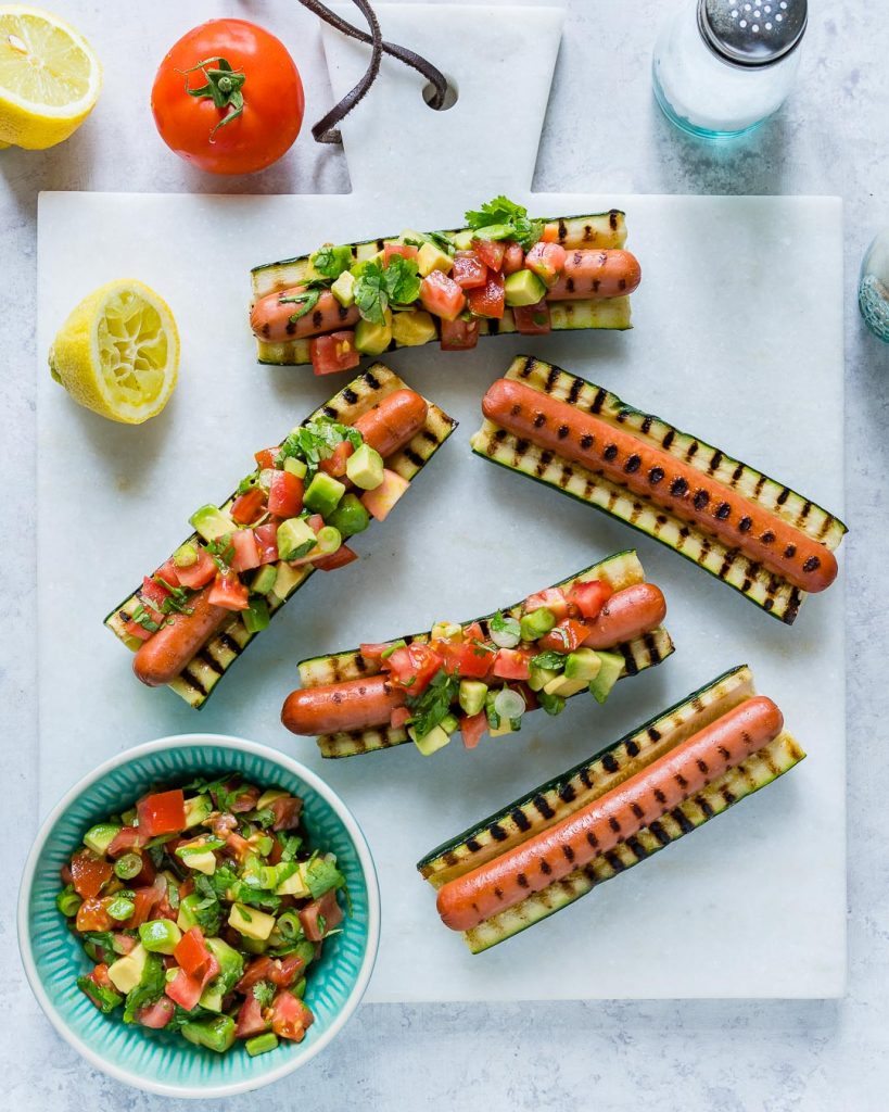 Clean Food Grilled Zucchini Hot Dog Boats