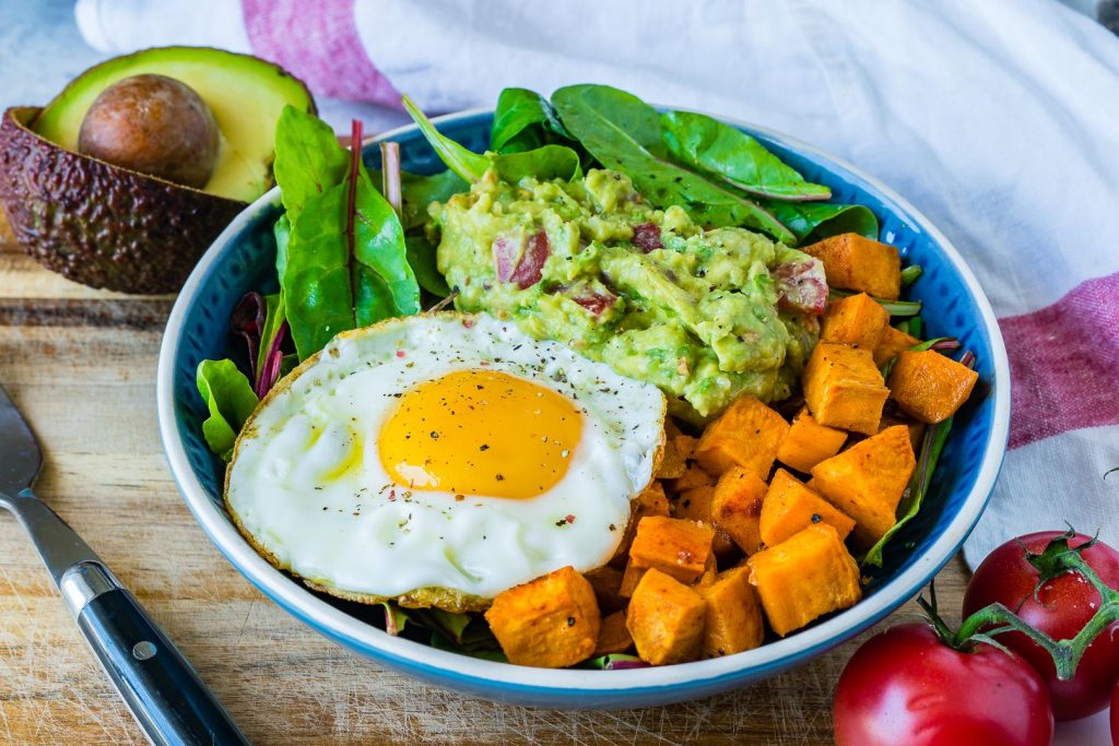 Guacamole, Egg and Sweet Potato Breakfast Bowls