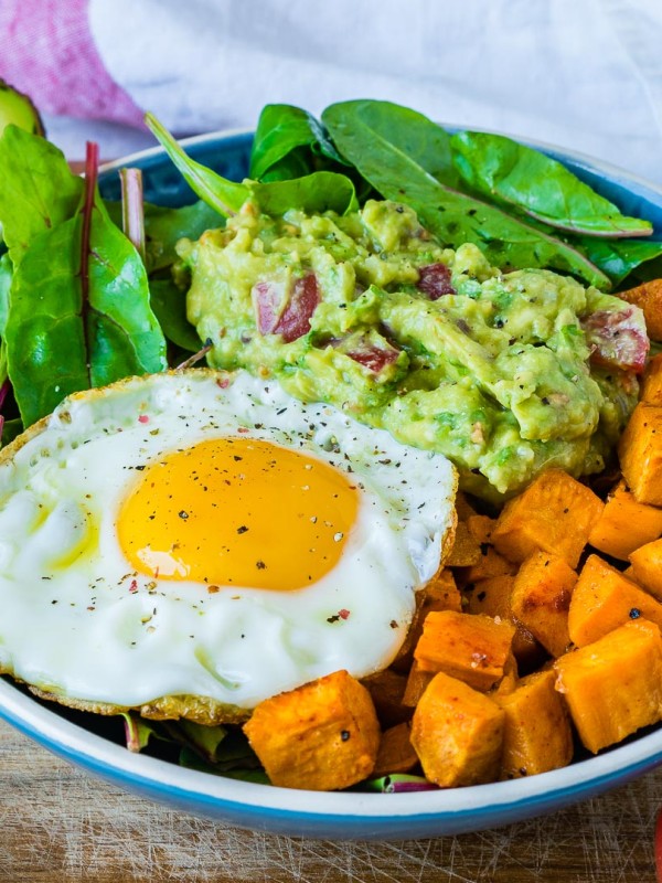 Healthy Guacamole, Egg + Sweet Potato Breakfast Bowls