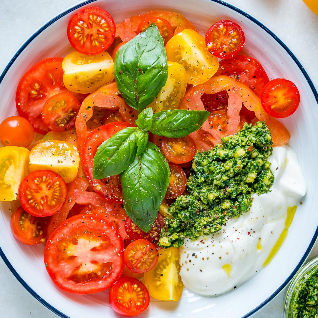 Super Simple Heirloom Tomatoes + Pesto Yogurt for Clean Eats Clean