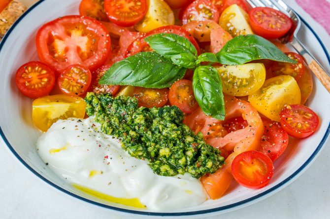 Super Simple Heirloom Tomatoes + Pesto Yogurt for Clean Eats | Clean ...