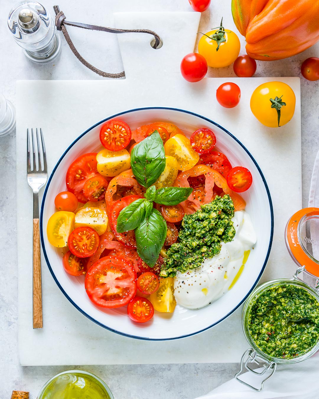 Super Simple Heirloom Tomatoes + Pesto Yogurt for Clean Eats Clean