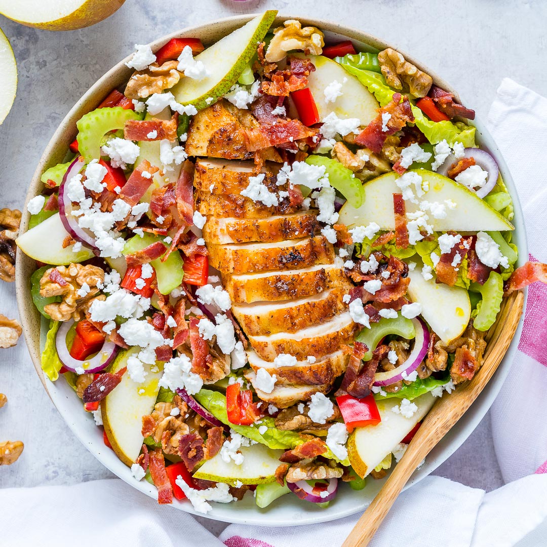 Healthy Autumn Pear + Goat Cheese Chicken Salad for Eating Clean