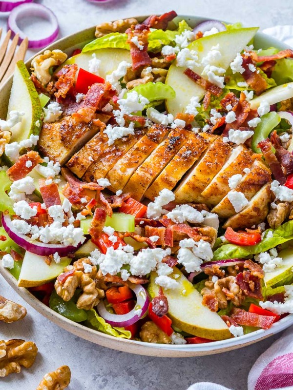 Clean Eating Autumn Pear + Goat Cheese Chicken Salad