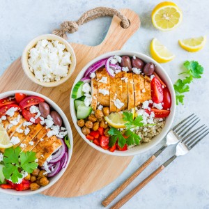 Eat Clean Mediterranean Chicken Power Bowls with Garlic Roasted Chickpeas