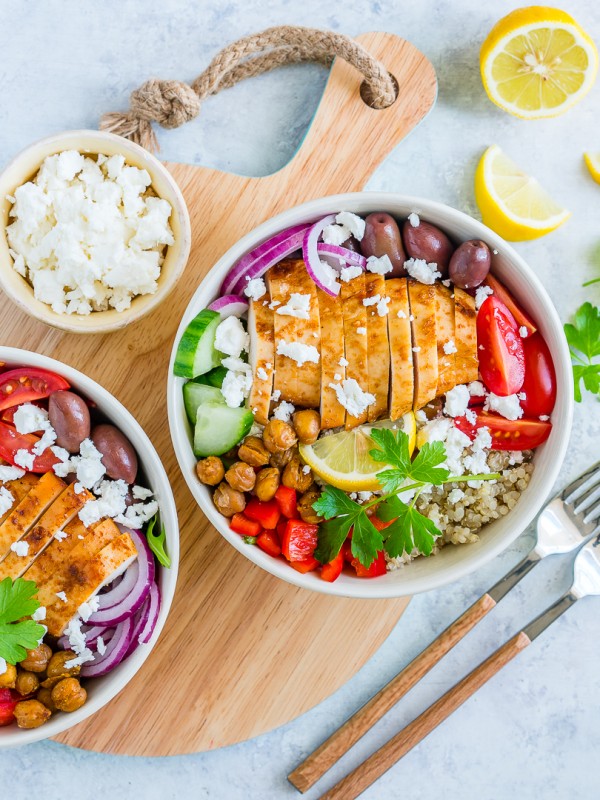 Eat Clean Mediterranean Chicken Power Bowls with Garlic Roasted Chickpeas
