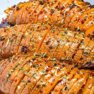 CleanFoodCrush Honey + Garlic Hasselback Sweet Potatoes
