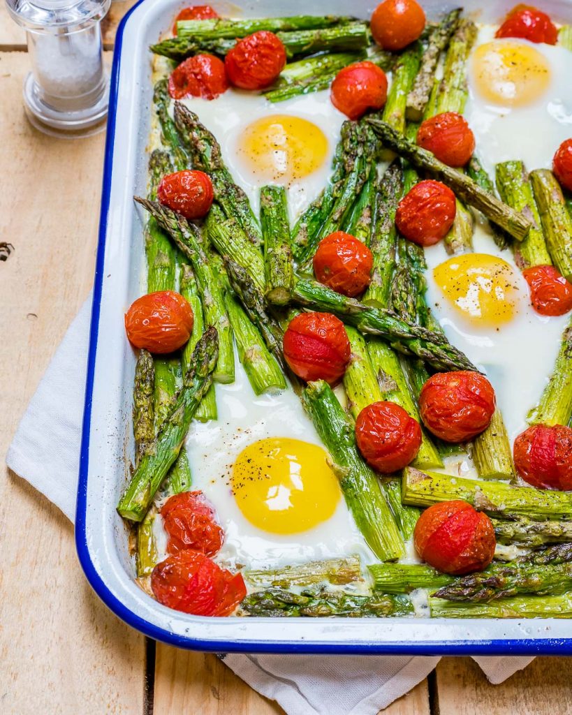 Clean Mornings Roasted Tomato + Asparagus Egg Breakfast Bake! Clean