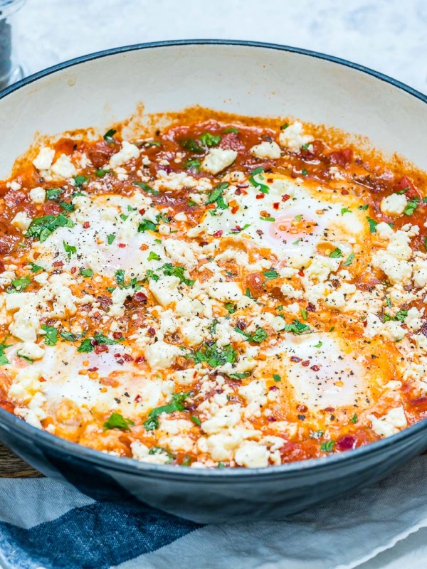 CleanFoodCrush Spicy Fire Roasted Poached Eggs with Feta recipe