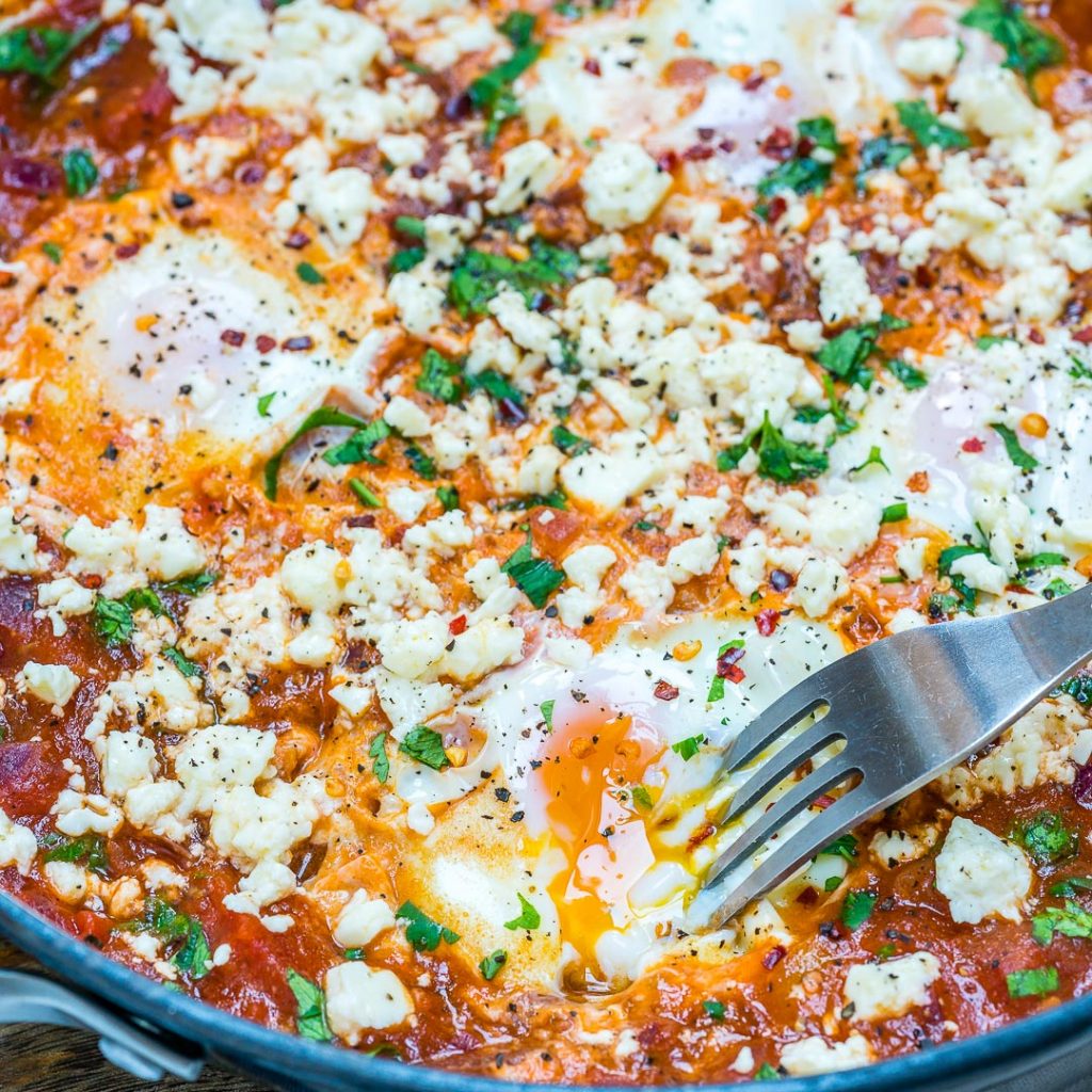 Clean Eating Spicy Fire Roasted Poached Eggs with Feta