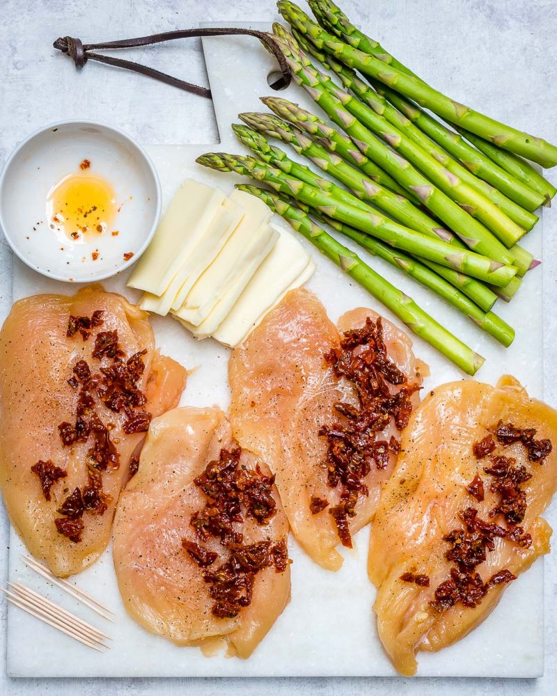 Eat Clean Asparagus & Sundried Tomato Stuffed Chicken Skillet