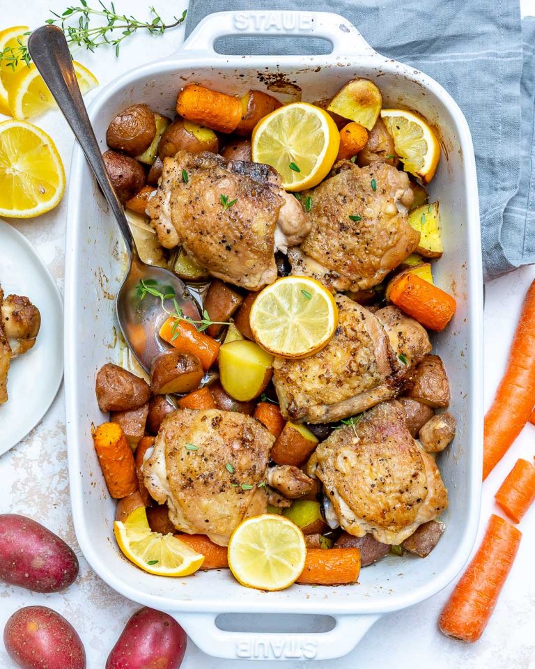 Baked Lemon Chicken and Veggies for a Quick and Clean Dinner Idea