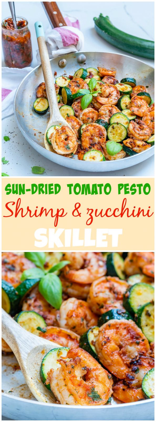 This Sundried Tomato Pesto Shrimp + Zucchini Skillet Bursts with Flavor! Clean Food Crush